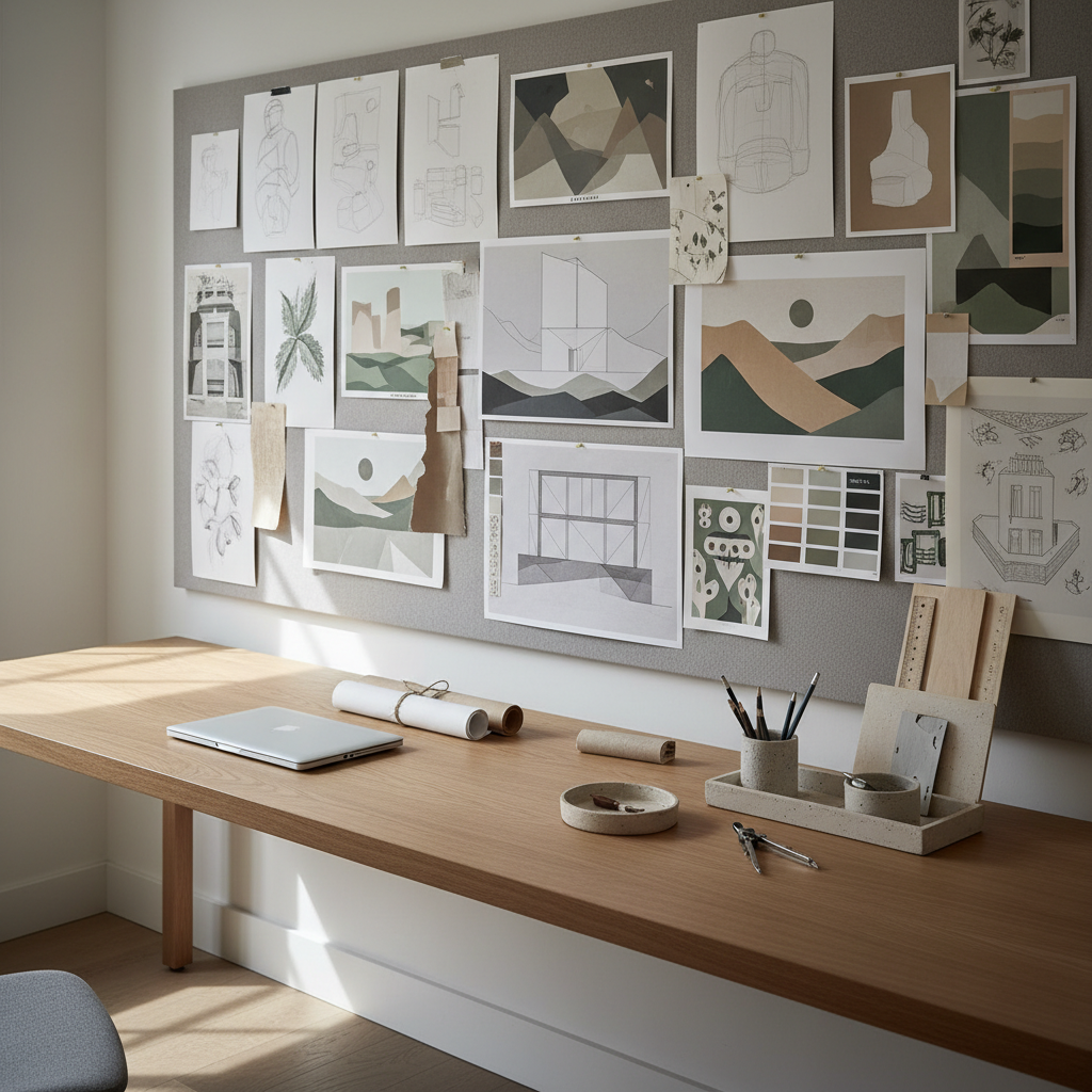 A refined design studio workspace featuring a large, horizontal moodboard wall covered with pinned sketches, color swatches, and scaled print-outs of mural concepts. The designs show abstract landscapes, architectural lines, and stylized plants, all in a cohesive palette of stone, sand, and muted forest green. Below, a long, uncluttered oak desk holds rolled wallpaper samples, a ceramic tray with neatly arranged tools, and a closed laptop. Soft, diffused daylight from a high, unseen window bathes the scene, casting gentle, elongated shadows and enhancing subtle paper textures. Shot from a slightly elevated, three-quarter angle with moderate depth of field, the composition feels composed yet creative, conveying the sophisticated, process-oriented side of a mural design studio in a clean, photographic style.